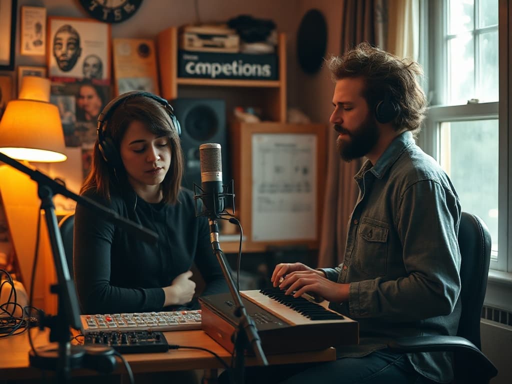 A producer and vocalist at the console, talking through a take in a warm studio